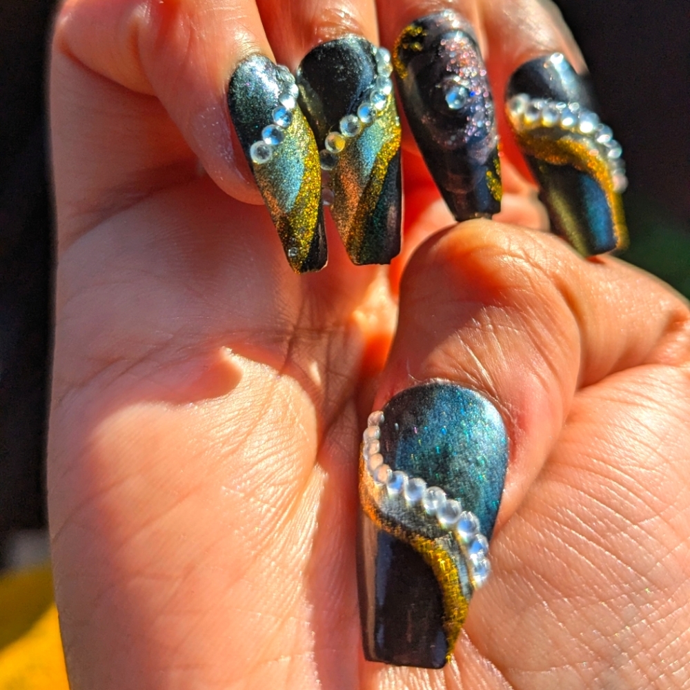 Green, Black & Gold Rhinestone Custom Press On Nails